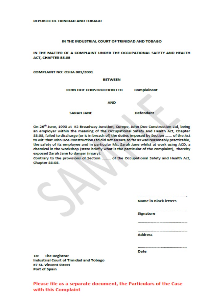 Sample OSH Complaint