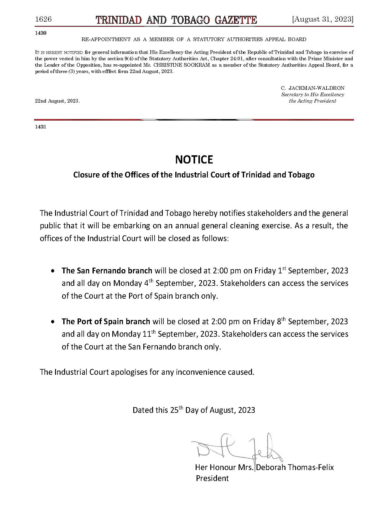 Gazette No. 126 Vol. 62 31st August 2023 Closure of Office p2 only