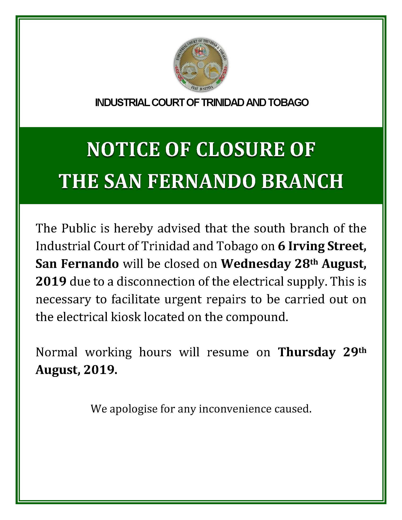 NOTICE OF CLOSURE OF OFFICES South Branch