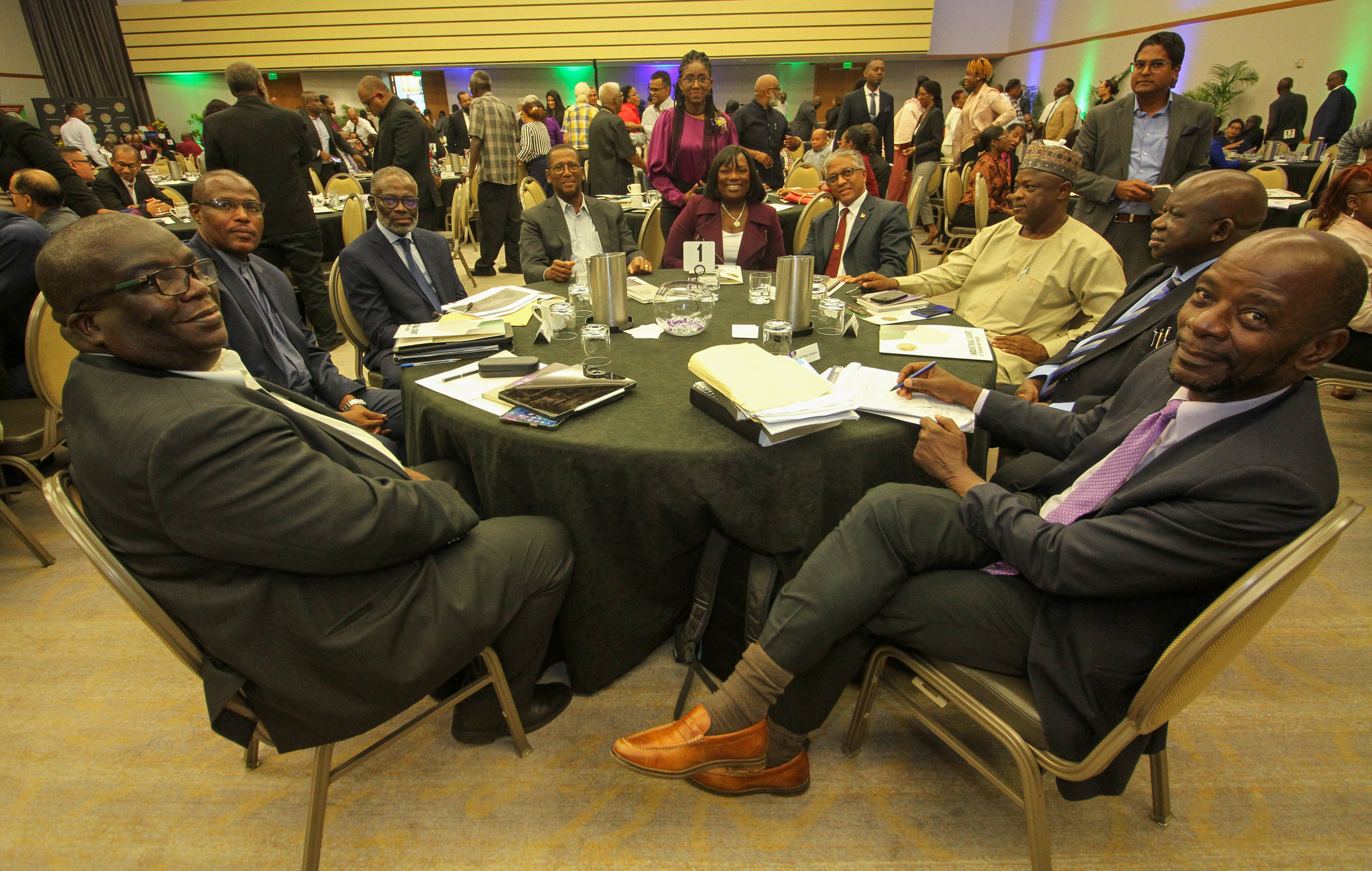  (L-R) Mr. Dennis Zulu, Director, ILO Decent Work Team and Office for the Caribbean; Economist Dr. Shelton Nicholls; the Honourable Mr. Justice Jefferson Cumberbatch, JA, Supreme Court, Barbados Judiciary; the Honourable the Chief Justice of Trinidad and Tobago Mr. Justice Ivor Archie;  Her Honour Mrs. Deborah Thomas-Felix, President of the Industrial Court of Trinidad and Tobago; Senator the Honourable Reginald Armour, Attorney General; His Excellency Abubakar Danlami Ibrahim, High Commissioner of the Federal Republic of Nigeria; His Lordship, the Honourable Justice Benedict Kanyip, President of National Industrial Court of Nigeria and Dr. Leighton Jackson at the Meet With The Court Symposium, hosted by The Industrial Court of Trinidad & Tobago, at Hyatt, Port of Spain.