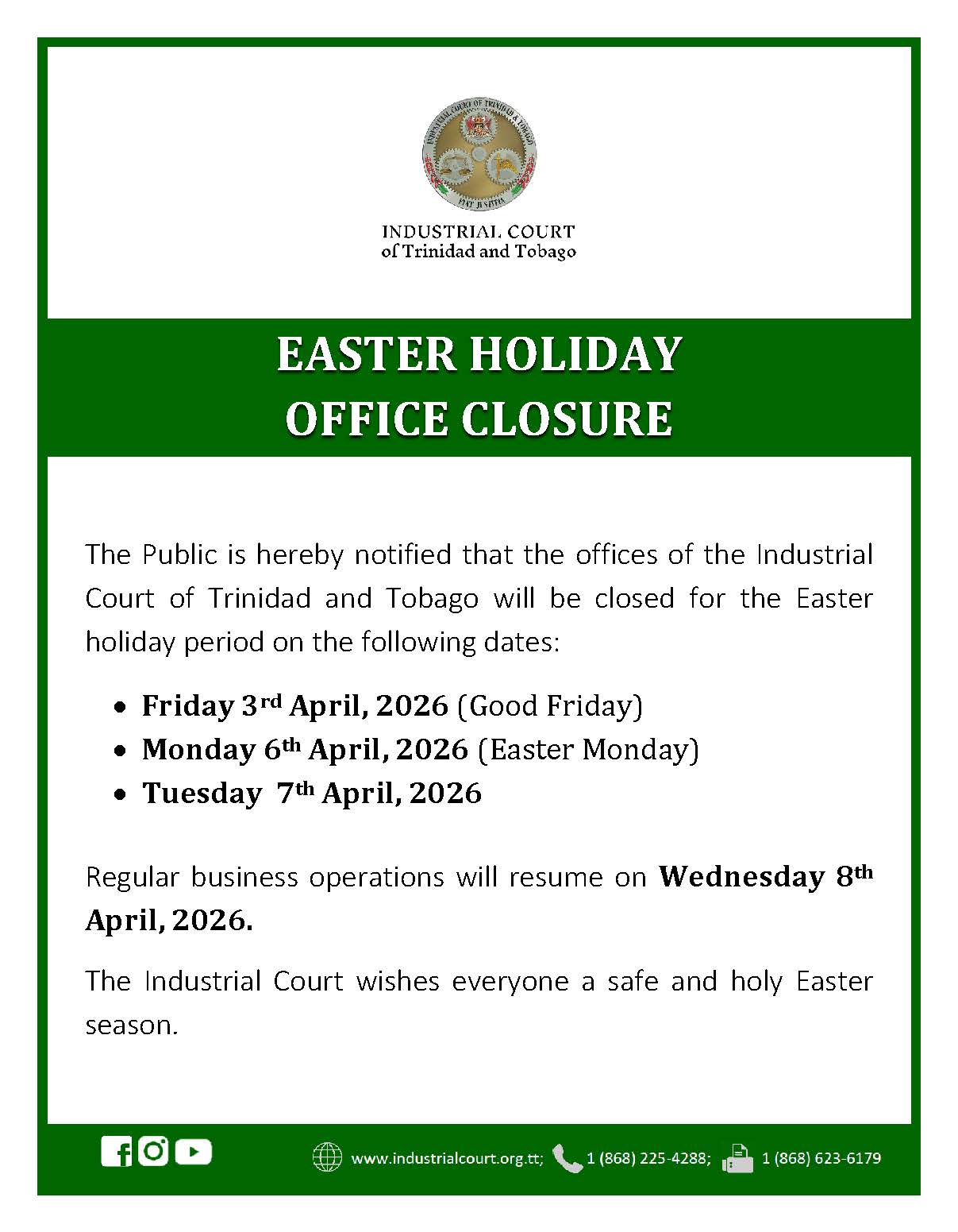 NOTICE OF CLOSURE OF OFFICES Easter 2026