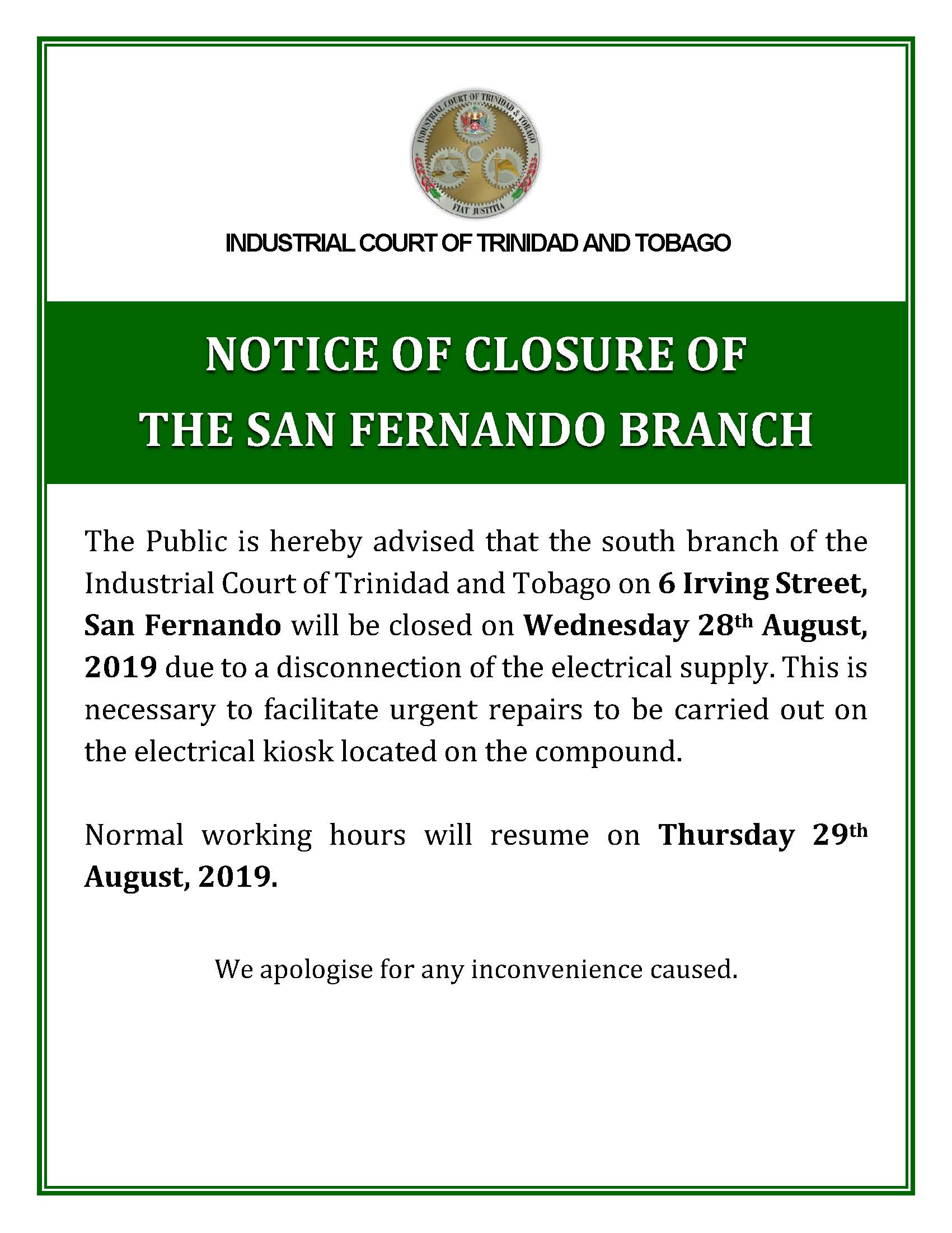 NOTICE OF CLOSURE OF OFFICES South Branch